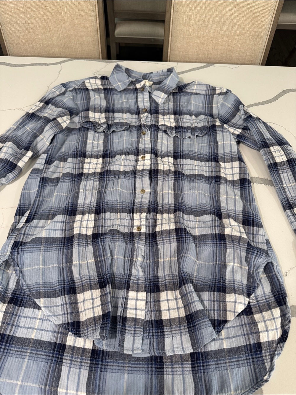 Blue Plaid Longline Button-Up Shirt